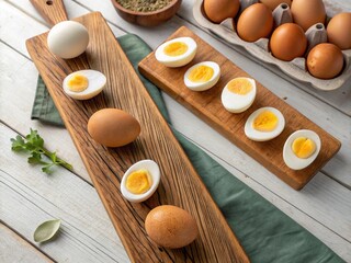 Boards with fresh boiled eggs on wooden background 