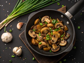 Frying pan with tasty fried mushrooms, garlic and green onion