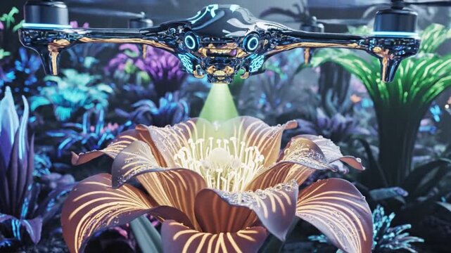 Futuristic Drone Pollinating Glowing Alien Flower in a Vibrant Bioluminescent Garden.