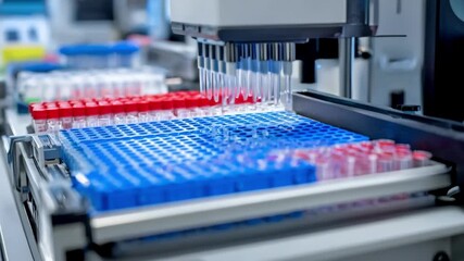 Robotic tray management assembling and organizing diverse sample containers efficiently in a clinical testing facility.