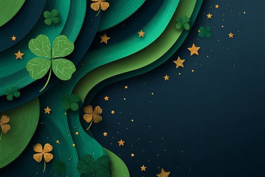 Abstract layered green background with clovers and golden stars st patrick s day