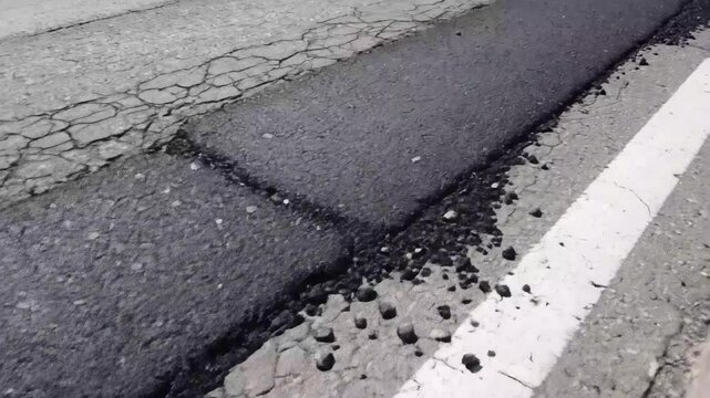 Road Asphalt Repair and Cracks - The video showcases a close-up view of freshly repaired asphalt on a road, contrasting with the old, cracked asphalt. A white painted road marking can also be seen.