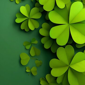 A vibrant display of layered green four leaf clovers on a dark backdrop