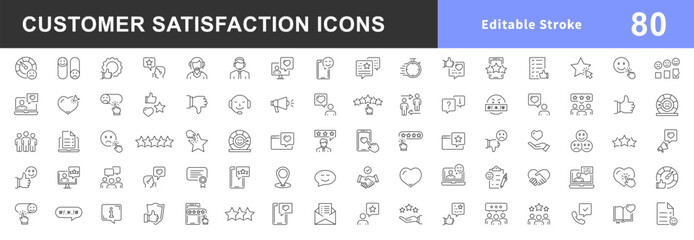 Customer satisfaction icon set Feedback icons for web and mobile app. Containing feedback, like, customer review, review, satisfaction, good feedback, rate and more. Outline icons set. Editable stroke