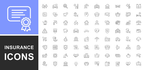 Insurance icons set. Collection of insurance and assurance icons in thin line style. Protection of health, life, property, car, home, travel insurance icons and more. Editable stroke. Vector
