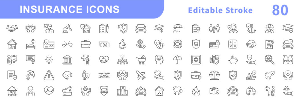 Insurance icons set. Collection of insurance and assurance icons in thin line style. Protection of health, life, property, car, home, travel insurance icons and more. Editable stroke. Vector