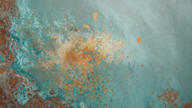 Panning camera revealing teal-and-rust patina close-up, exposing amber blotch and orange speckles