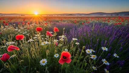 A blooming flower field at sunrise with dew drops glistening inviting the viewer into nature's awakening