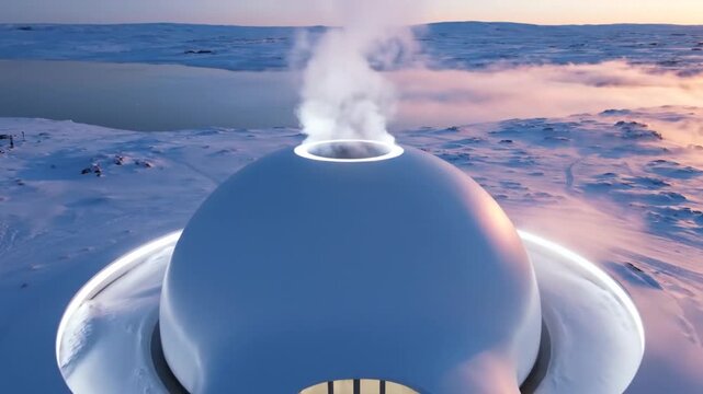 Futuristic IglooInspired Building Emitting Steam in a Snowy Landscape at Sunset.