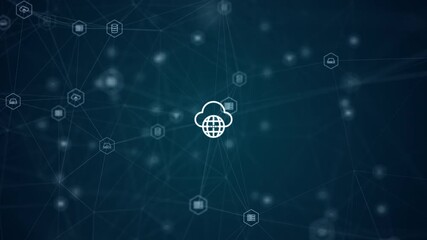 Motion graphic of cloud computing network with connected data icons and digital lines forming a seamless loop for technology, IT infrastructure, and business background video. - Powered by Adobe