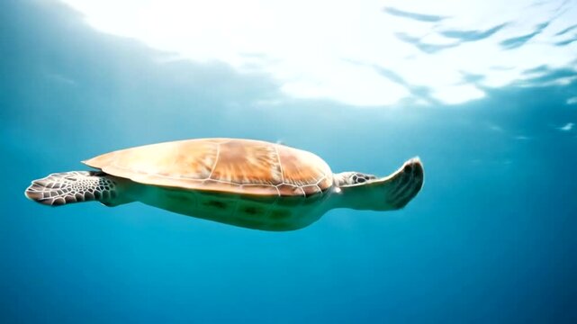 Majestic Sea Turtle Glides Through Crystal Clear Ocean Waters Under Sunlight.