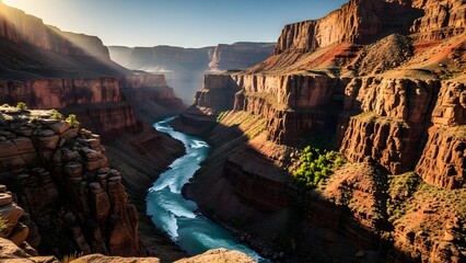 A deep canyon with a river rushing below and sunlight casting shadows immersing the viewer in geological grandeur