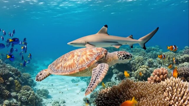 Underwater wildlife sea turtle shark tropical fish coral reef