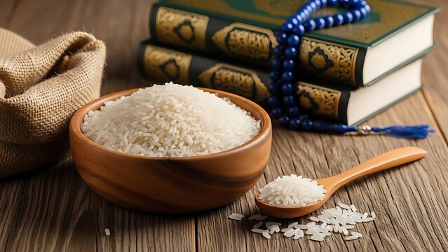 Bowl of Raw Rice with Holy Quran and Prayer Beads for Zakat Al-Fitr, Charity, and Food Donation Concepts During Ramadan