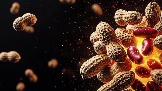 Peanut shell and red bean cluster with glowing center close up, detailed texture of kidney bean and peanut nut shell in vibrant natural composition