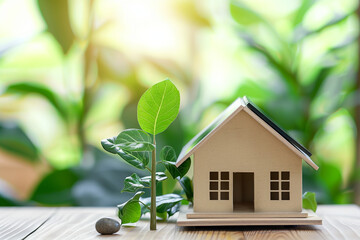 Miniature house with solar panel and growing plant symbolizing sustainable living, green energy and environmentally friendly housing concept.