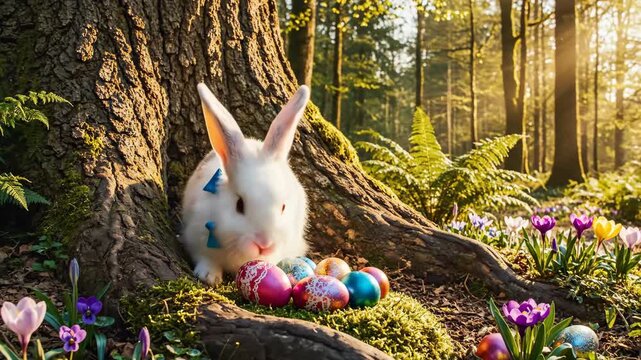 Easter Bunny in a Forest Glade - A blurry white rabbit is beside a tree trunk in a forest. Colorful Easter eggs and blooming crocus are scattered around it.