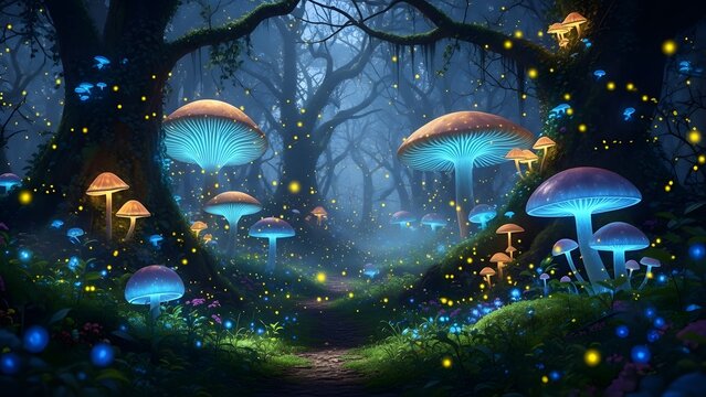 A enchanted forest with glowing mushrooms and fireflies enveloping the viewer in magical whimsy
