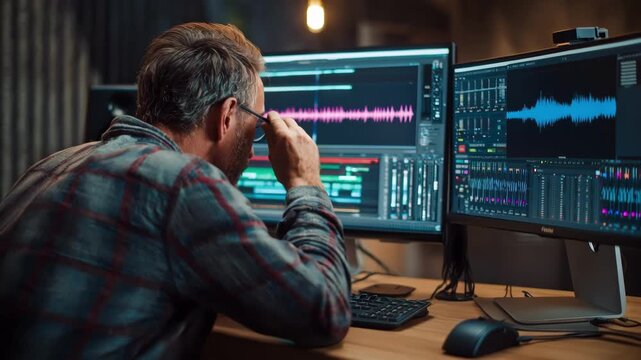 Medium shot of a professional discussing synchronization licensing options for integrating music tracks into video projects.