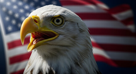 Naklejka premium Majestic bald eagle headshot with an open beak against a blurred american flag background