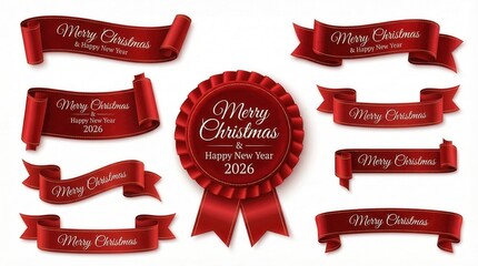Red Christmas ribbons and rosettes with greeting text,festive labels collection for Merry Christmas and Happy New Year 2026 celebration design