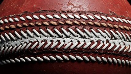 Up-close view of a traditional red cricket ball with detailed stitching and weathered leather texture