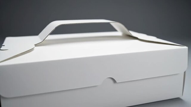 White Cardboard Box with Handle - A close-up shot features a plain white cardboard box. The box has a built-in handle and a minimalist design, set against a neutral gray background.