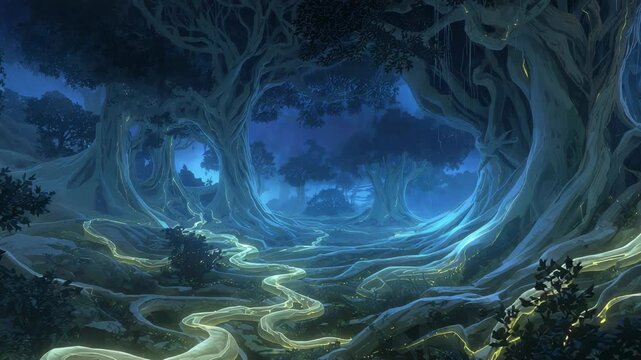 Pulsing from soft root spark, winding root path and gnarled trees guiding motes toward arch opening