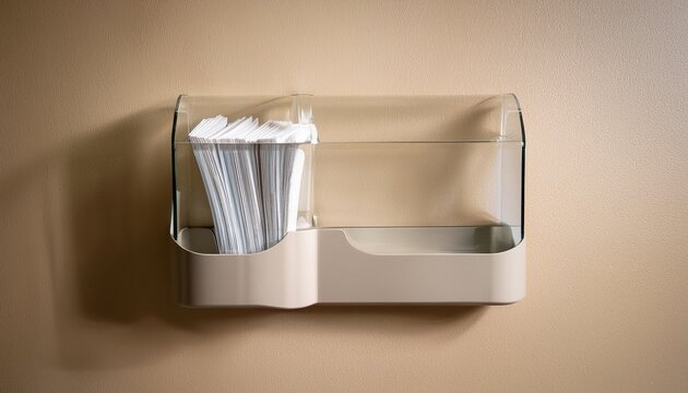 empty clear acrylic wall mounted dispenser for brochures or flyers on a beige wall perfect for offices waiting rooms or information centers