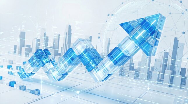 Digital arrow composed of transparent blue blocks rising upward,abstract 3D chart showing business growth,data trend and financial success in futuristic city - Powered by Adobe