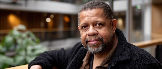 Smiling man in an office setting with modern architecture and natural light captured during a warm day