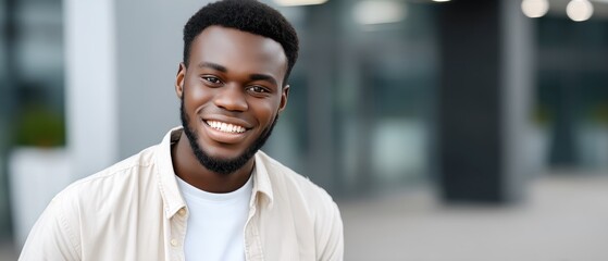 Middle-aged black man smiling in an office setting with natural light and modern architecture in blurred background