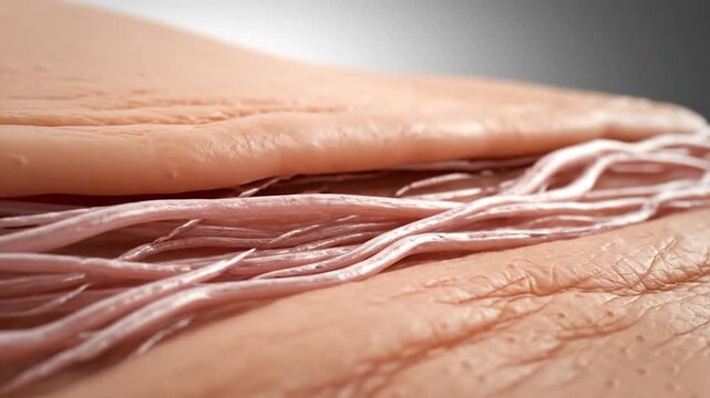 Detailed close-up showing skin layers with a network of pink-toned veins and connective tissue