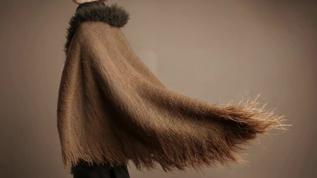 Starting torso rotation, model sweeping arm under fringed cape at studio, showing cape billowing