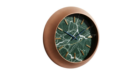 Modern green marble wall clock isolated on transparent background