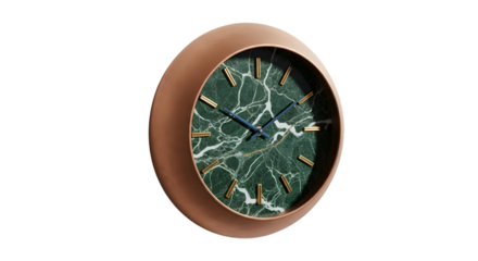 Modern green marble wall clock isolated on transparent background