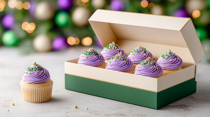 Traditional carnival cupcakes decorated in bright carnival colors placed against a background of festive lights, representing celebration desserts, party atmosphere and holiday sweets.