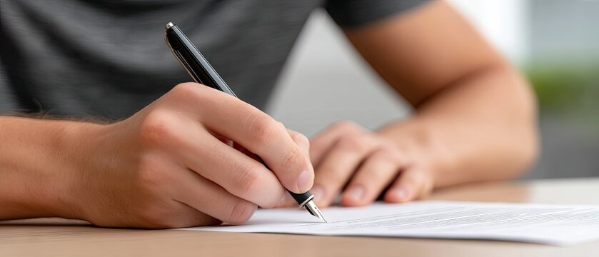 Close-up of male hands signing a document on a desk with papers blurred in the background during an office activity - Powered by Adobe