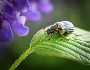 Naklejka premium small beetle resting on a delicate lavender flower atop a vibrant green leaf in a misty forest