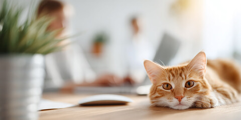 pet friendly office environment with keyboard and pet on table