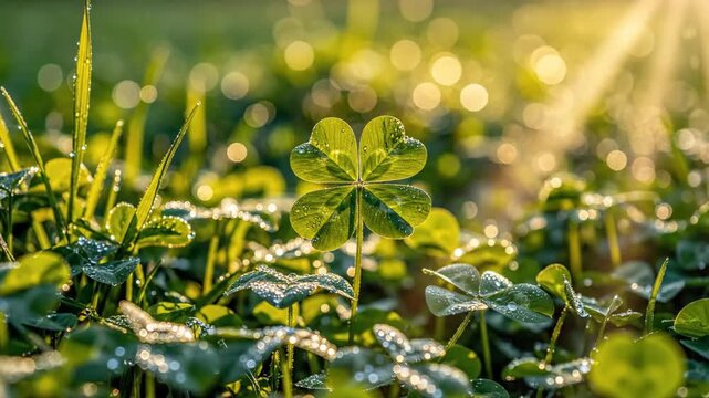 Four Leaf Clover in Morning Dew - A four-leaf clover stands tall amongst other clovers covered in morning dew, with sunlight streaming in from behind.