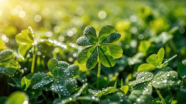 Four Leaf Clover Dew - A field of clovers glistens with morning dew, sunlight dappling through the leaves.