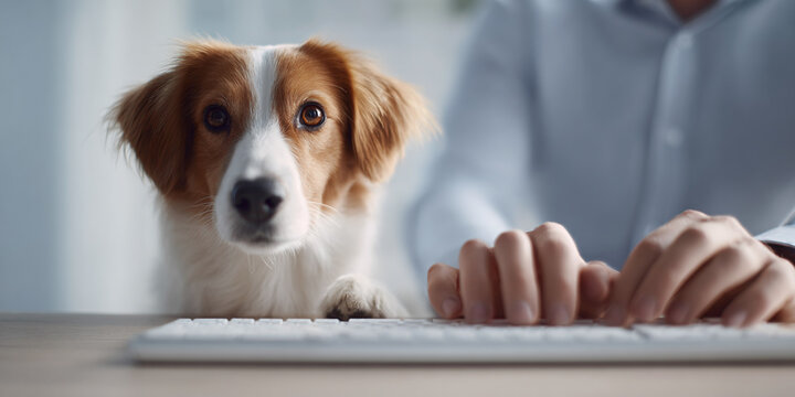 pet friendly office environment with keyboard and pet on table