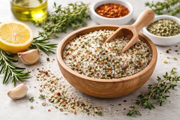Flavorful herb infused sea salt blend in a rustic wooden bowl surrounded by garlic cloves, fresh lemon slices, and aromatic herbs creating a culinary masterpiece of natural ingredients