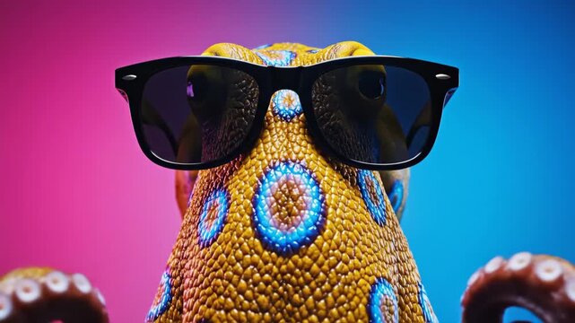 Cool Octopus in Sunglasses - A close-up shot of a realistic-looking octopus with vibrant yellow and blue skin, sporting black sunglasses.