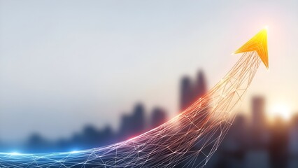 Glowing Orange Arrow Graph Moving Upwards Over Blurred Cityscape Background
