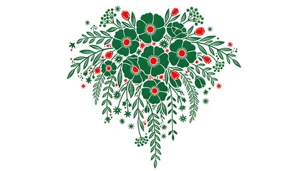 Heart-shaped floral illustration with green leaves and red flowers
