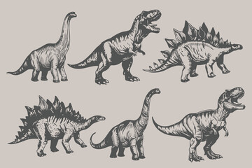 Dinosaur set hand drawn sketch illustration. Diplodocus outline print, woodcut engraving Jurassic reptile sticker, skull. Eps 10 © SAGOR