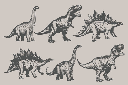 Dinosaur set hand drawn sketch illustration. Diplodocus outline print, woodcut engraving Jurassic reptile sticker, skull. Eps 10