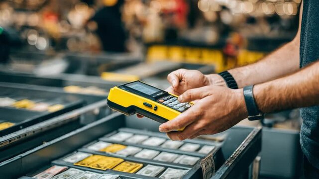 Close medium shot of hands organizing cash with handheld scanner showcasing optimized workflow in semiautomated cash processing environments.